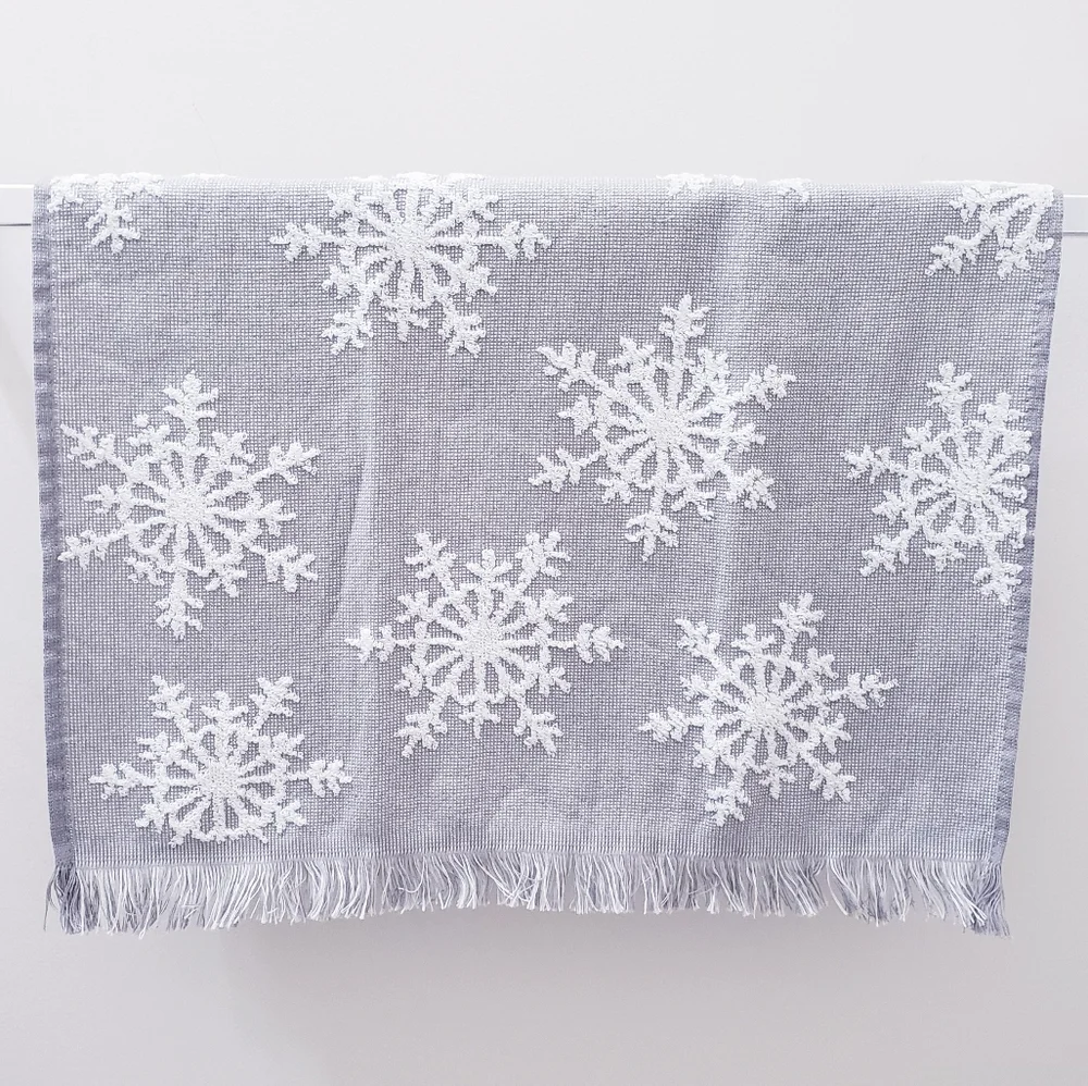 💚NEW!💚#0978-A ■White Snowflakes on Gray Hang'N'Snap Towel + CLEAR JEWEL snap🤍